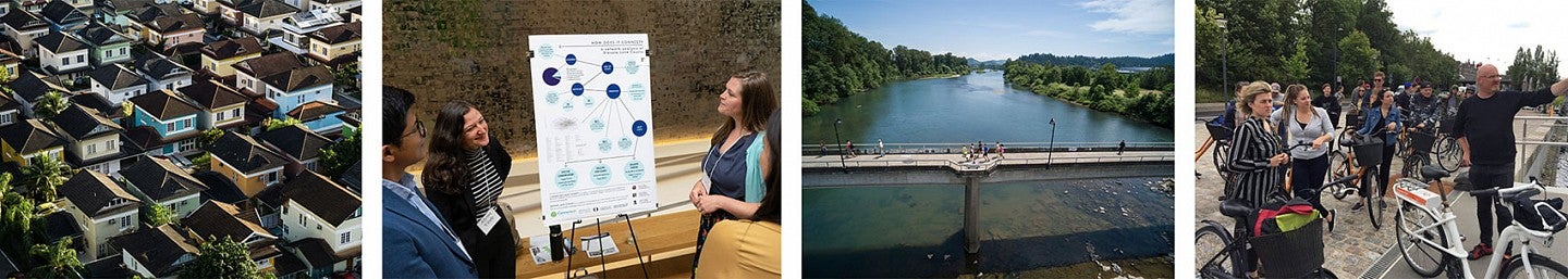 banner including houses, people looking at infographic, river, and people with bicycles