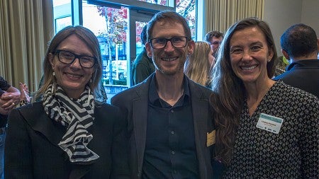 Photograph of Lindsey Hayward, Adrian Parr Zaretsky, and Marc Schlossberg at the Tualatin Public Library. 