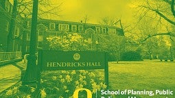 Duotone green and yellow photograph of the exterior of the historic Hendricks Hall. 